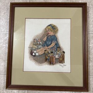 Vintage Young Girl CrossStitch Tea Party With Dolls Framed Peg Miller Signed 81'